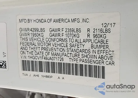 2018 Honda Accord Ex из США, поврежденный, VIN 1HGCV1F49JA071726